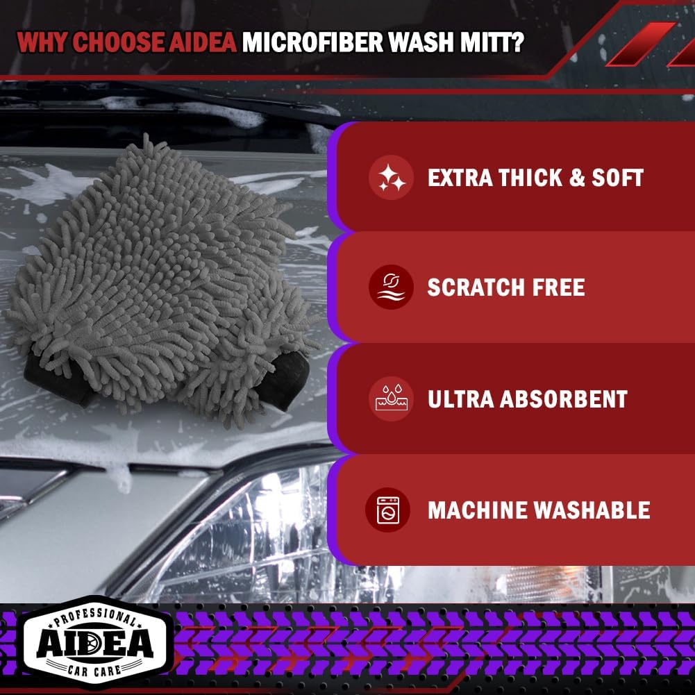 AIDEA Car Wash Mitt Microfiber, 1PK-Scratch-Free& Lint-Free, Premium Chenille Microfiber Mitt Car Wash Brush-Green Regular Size (7.12''X10.14'')
