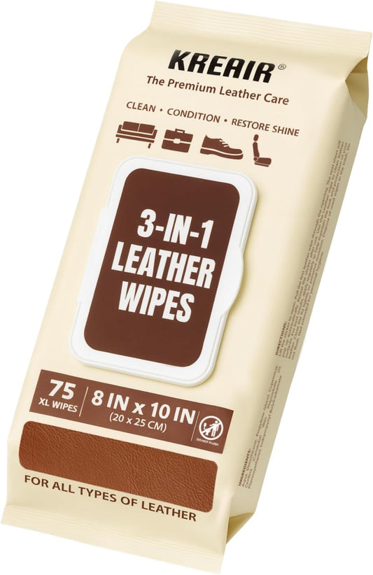 3in1 Leather Wipes 75 XL Count, Clean, Condition & Restore Shine, Extra-Large 8"x10" Wipes for Car Seats, Shoes, Furniture & Bags, Thick, Durable & Non-Linting, Safe for All Leather Types
