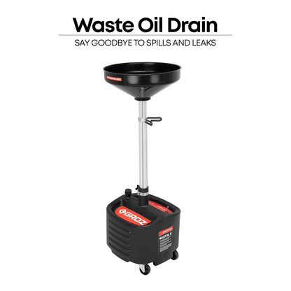 Groz 15 Quart Oil Drain Pan with Wheels & O-Ring Seal - 8" Wide Opening, Catch Basket, Leak-Proof Spout for Trucks, Cars, Fleet Maintenance (41966)