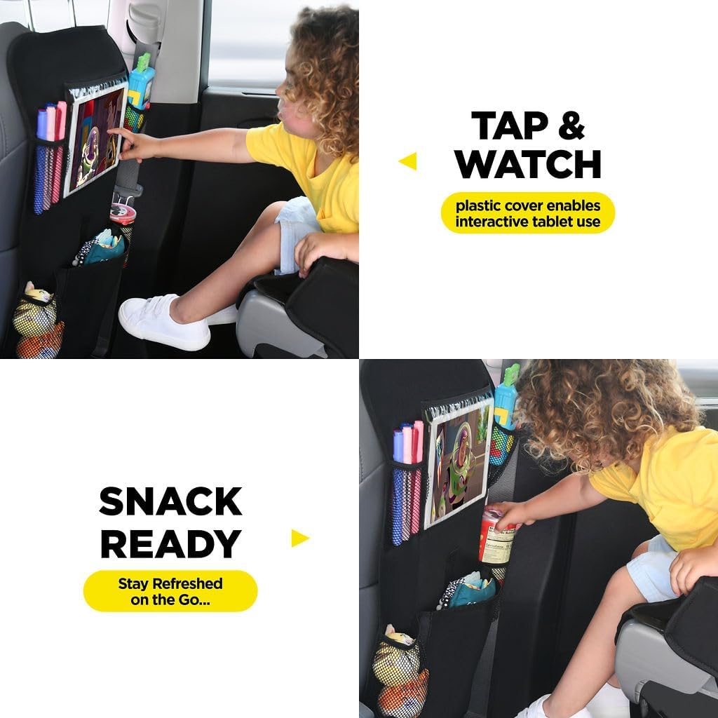 lebogner Back Seat Cover For Kids + 3 Pocket Storage Organizer, 2 Pack X-Large Waterproof Kick Mats Backseat Protector, Car Seat Back Protectors For Vehicles To Protect From Dirt, Mud & Scratches