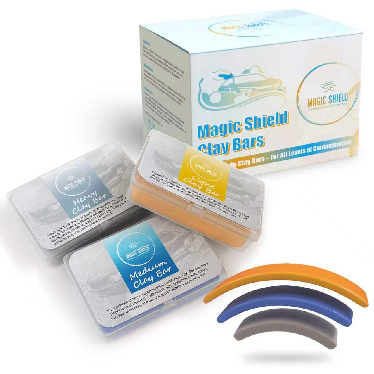 Magic Shield Clay Bar Triple Pack - 100g Each of Light, Medium & Heavy-Duty Clay Bars for Car Detailing - Deep Cleaning & Shine Restoration with Magic Clay Bars for Professional Auto Detailing