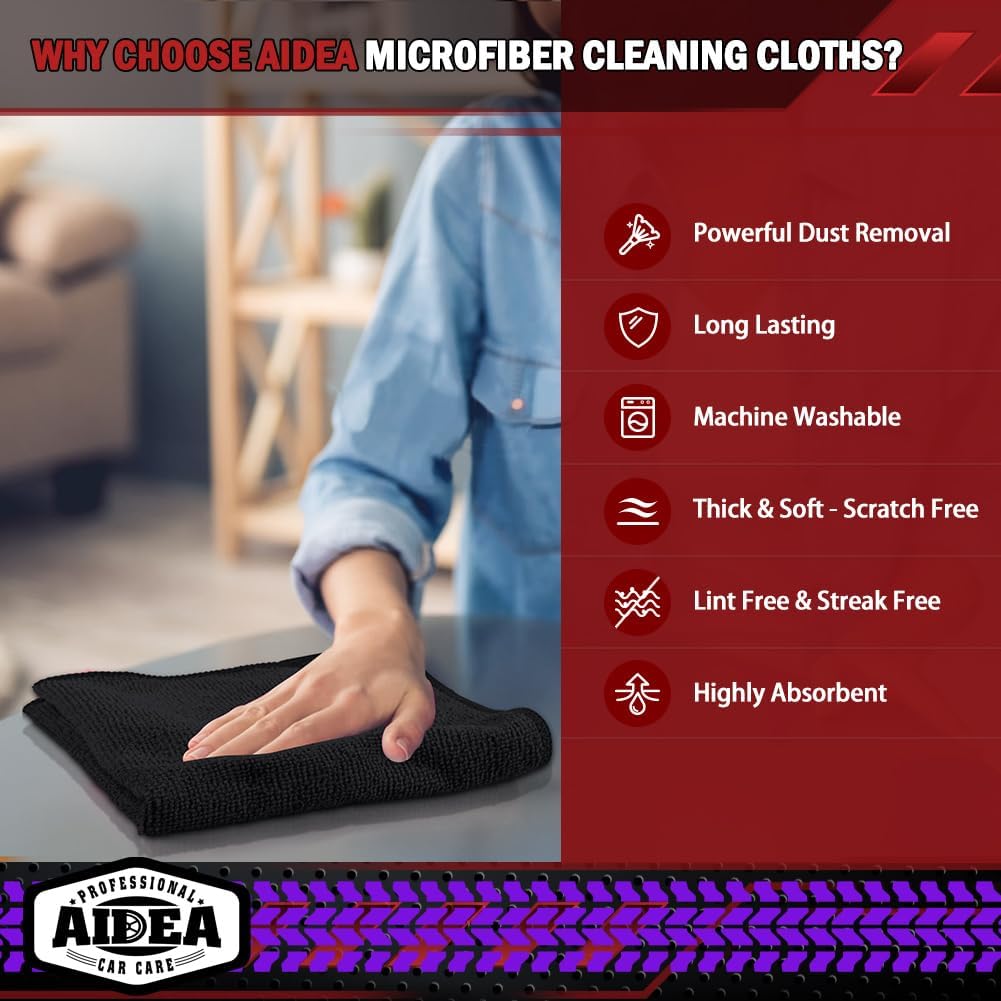 AIDEA Microfiber Cleaning Cloth, 50PK, Microfiber Towels for Cars, Premium Wash Cloths, Dusting Cloth Cleaning Rags, Absorbent Towels for SUVs, House, Kitchen, Window, Cleaning Supplies12×12"