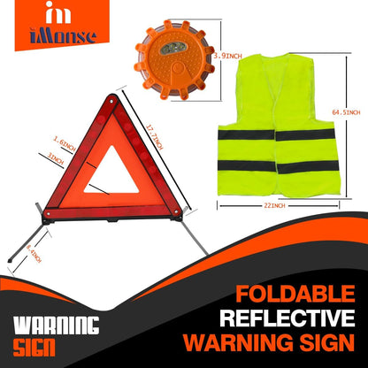 Warning Safety Triangle Kit, Emergency Roadside Warning Reflective Triangle 3 Packs with 2 LED Road Flare Light, Foldable with Storage Case for Roadside Breakdowns Emergenc