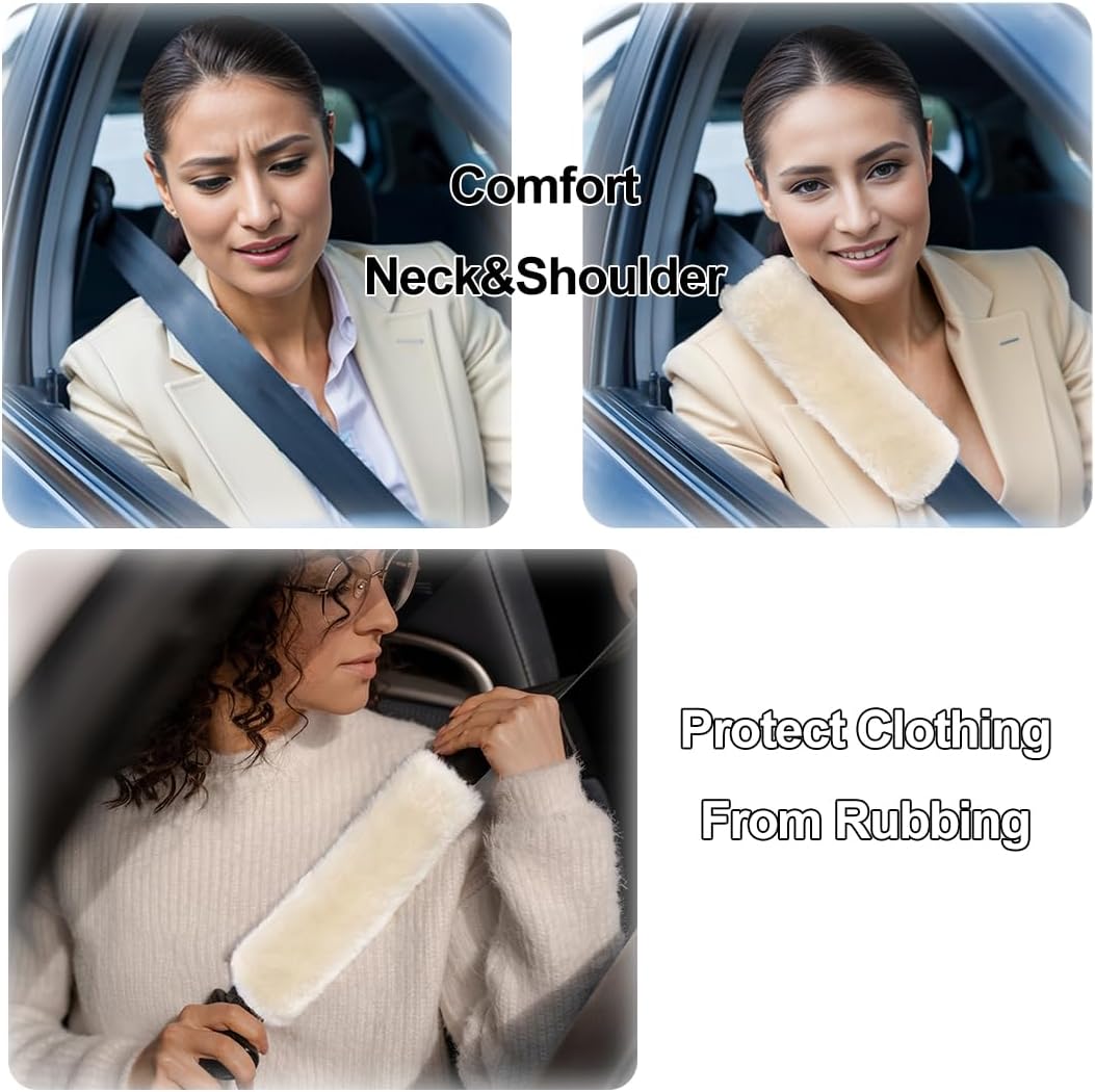 AOGELAN 2 Pack Black Fluffy Fuzzy Genuine Sheepskin Car Seat Belt Cover Pad, Seatbelt Cushion for Soft Auto Lambswool Shoulder Strap Cushion Adults (2, Black)