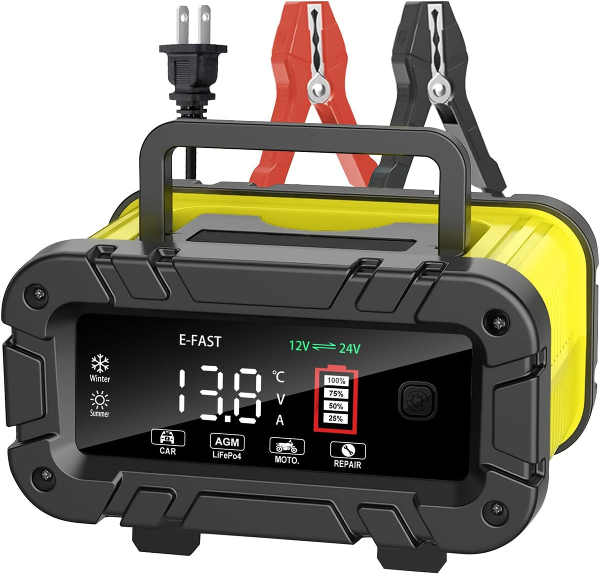 E-FAST 20A Smart Car Battery Charger, 12V 24V Maintainer & Desulfator - Compatible with LiFePO4 Lithium, AGM, Gel, SLA, Deep Cycle - High-Power Trickle Charger for Car, Truck, RV, Boat, Marine
