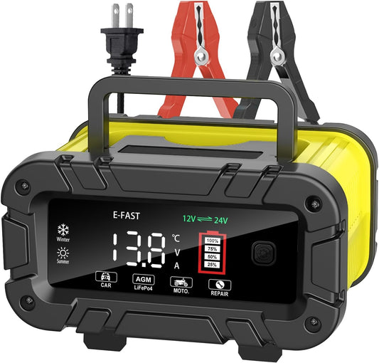 E-FAST 20A Smart Car Battery Charger, 12V 24V Maintainer & Desulfator - Compatible with LiFePO4 Lithium, AGM, Gel, SLA, Deep Cycle - High-Power Trickle Charger for Car, Truck, RV, Boat, Marine