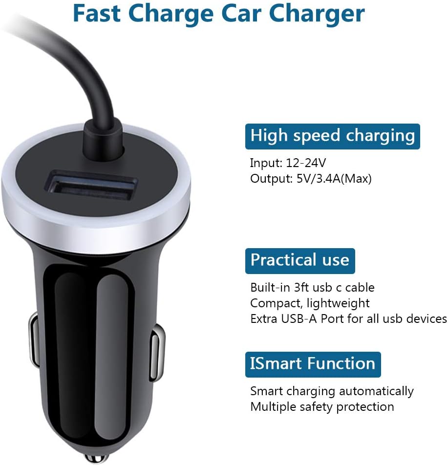 USB C Car Charger, 3.4A Fast Charging Car Adapter+3ft Type C Cable for Samsung Galaxy S26 S25 S24 S23 S22 S21 S20 S10 Note 20 A10E A20 A50 A51 A71,LG Stylo 6/5 G7 V60 ThinQ Moto G8 Google Pixel 4 3a