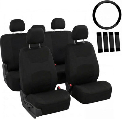 FH Group Full Set Cloth Car Seat Covers, Universal Fit Front and Split Bench Rear, Airbag Compatible, Washable for SUV, Sedan, Van - Black
