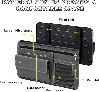 Car Sun Visor Organizer, Soft Leather Vehicle Sunshade Glasses Storage Bag with Net Zipper, Automotive Multi-Pocket Organizer for Drive License Card Glasses Document (Black)