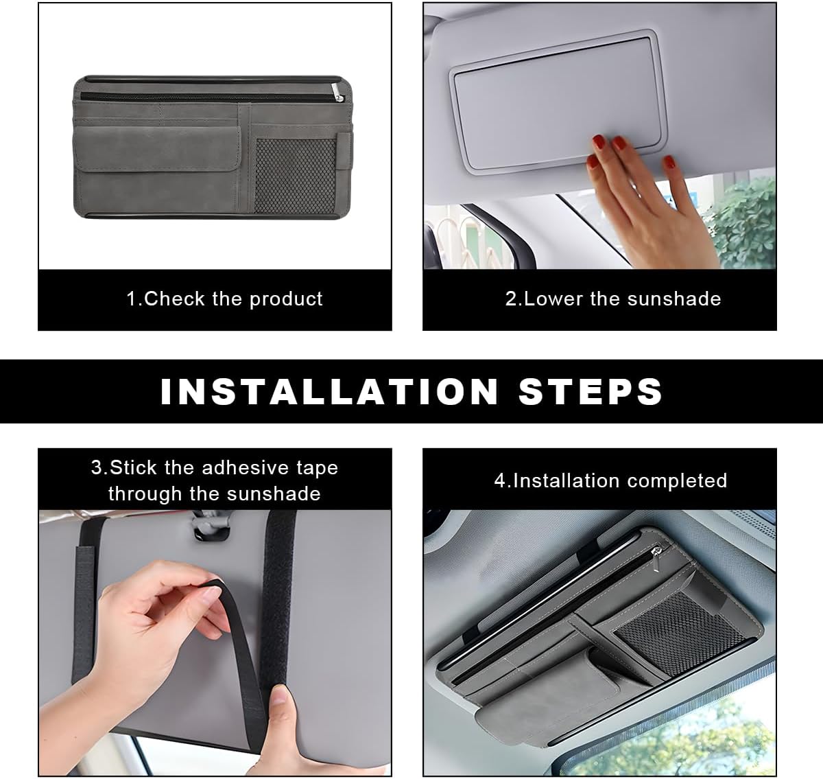 Car Sun Visor Organizer, Soft Leather Vehicle Sunshade Glasses Storage Bag with Net Zipper, Automotive Multi-Pocket Organizer for Drive License Card Glasses Document (Black)