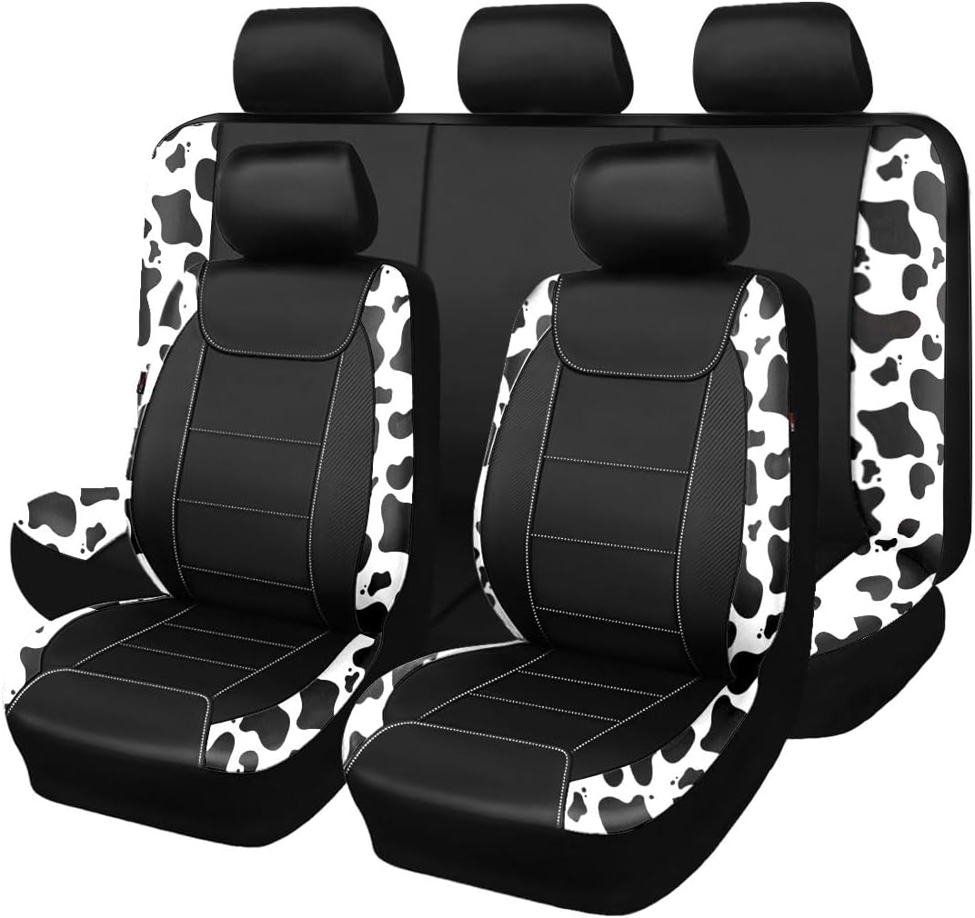 Flying Banner Carbon Fiber Leather Vehicle Seat Covers, Leopard Gray Black, Universal Fit - 8PCS
