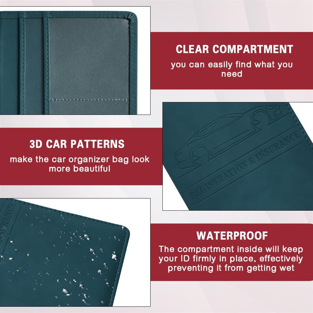 Car Registration and Insurance Holder, Registration and Insurance Card Holder, Auto Glove Box Organizer with Magnetic Shut, PU Leather Automobile Documents Wallet for Cards (Dark Green)