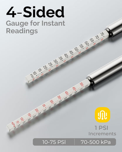 Pencil Tire Pressure Gauge 2 Pack with Valve Caps, Stainless Steel Body Tire Gauges for Tire Pressure with Deflator Valve, Metal Nozzle Tire Gauge for Cars, Pickups, RVs, Bicycles