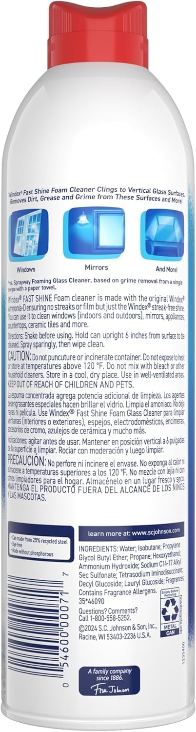 Windex Fast Shine Foam Glass Cleaner, No-Drip Windows, Doors, Mirrors & Countertops Aerosol Cleaning Spray, Streak-Free Shine, Removes Fingerprints, Dust, Dirt, Grime & More 19 oz (Pack of 1)
