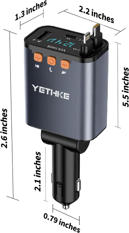 Bluetooth Car Adapter with Retractable Charger, FM Transmitter Bluetooth 5.4 for Cars, 4 in 1 Fast Car Phone Charger 69W, Handsfree Call, 2*Retractable Cable for iPhone 17/16/15/14, Galaxy-Black