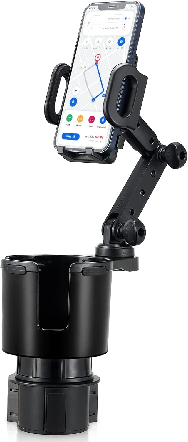 This Hill Car Cup Holder Expander 2-in-1 with Adjustable Base & 360° Rotating Phone Mount, Compatible with iPhone 17 Pro Max and Smartphones up to 4.13", Fits Large Bottles up to 3.78"