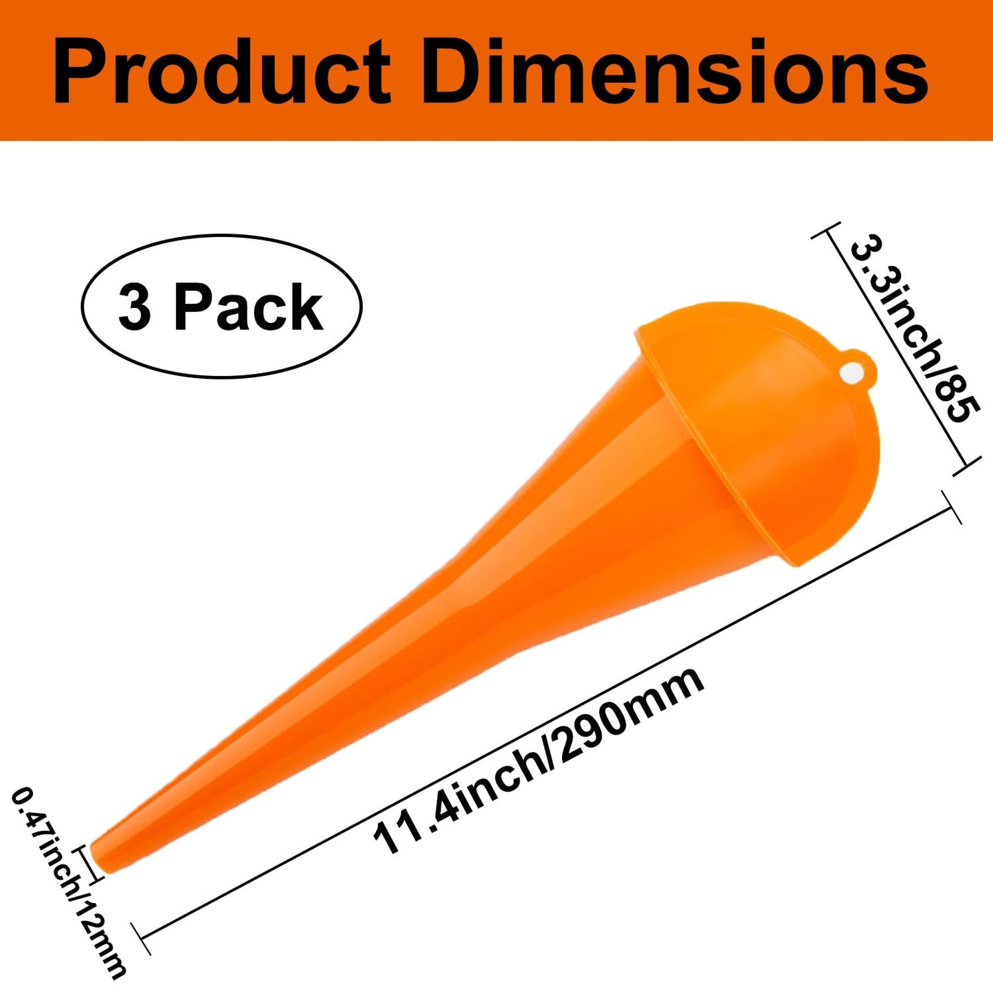 3-Pack Long-Neck Oil Funnels, 11" Multi-Purpose Funnels for Automotive & Motorcycle Use – Reusable Funnel for Oil, Gas & Transmission Fluid (Orange&Blue&Black)