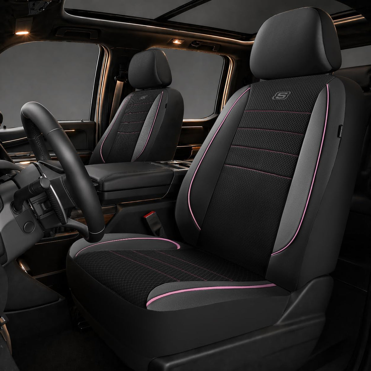 Skechers Air-Cooled Memory Foam Seat Covers,Mesh Thick Car Seat Covers,Piping Leather Car Seat Covers Front Seats,Airbag Compatible,Automotive Comfort Universal FitMost Cars,Vans,Truck,SUV,Black