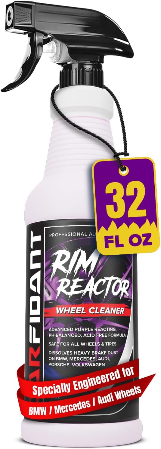Carfidant Rim Reactor Wheel Cleaner Spray – No Scrub Formula with Purple Iron Remover Reaction – Removes Brake Dust & Grime – Safe for All Wheels (Aluminum, Chrome, Black) – pH Neutral – 16oz