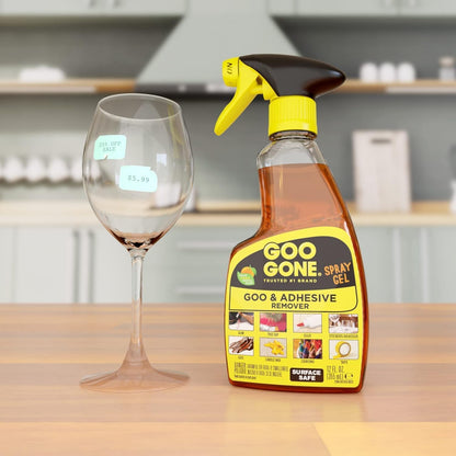 Goo Gone Spray Adhesive Remover Gel 12 Oz with Scraper, Removes Glue, Stickers, Tape Residue, Grease, Gum & Wax, Adhesive Spray with Citrus Cleaning Power for Hard Surfaces, Carpets & Fabrics