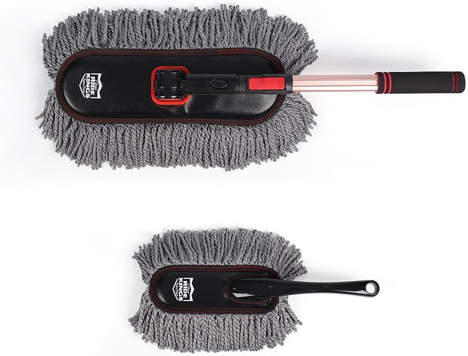 Car Duster Exterior with Extendable Handle, Scratch Free Auto Wash Brush Mop, Interior Detailing Kit for Truck RV Boat - Wax Cotton Duster & Interior Brush, Red