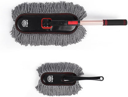Car Duster Exterior with Extendable Handle, Scratch Free Auto Wash Brush Mop, Interior Detailing Kit for Truck RV Boat - Wax Cotton Duster & Interior Brush, Red