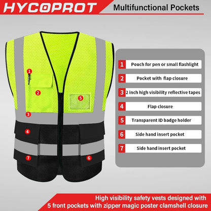 HYCOPROT High Visibility Mesh Safety Reflective Vest with Pockets and Zipper, Meets ANSI/ISEA Standards