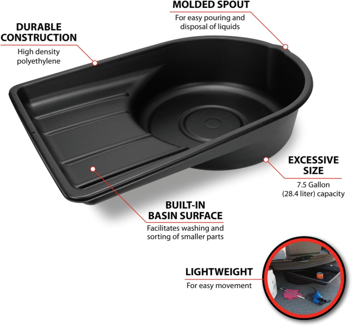 Performance Tool W4080 16-Qt. Clear View Oil Drain Container - Carrying Handle, Automotive Catch Pan, Fluid Transport Jug, Oil Change, Radiator Flush, Automotive Repair - White