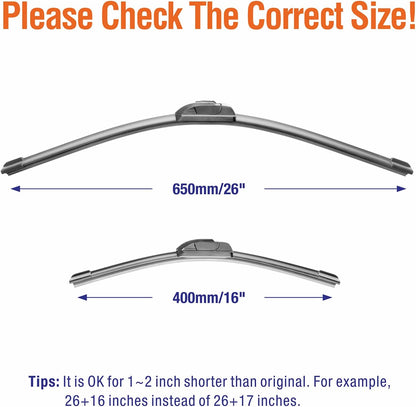 Wiper Blades 26" + 16" Automotive Replacement Windshield Wiper Blades for My Car Premium All-Seasons OE Quality Wipers for Front Windshield(Set of 2)