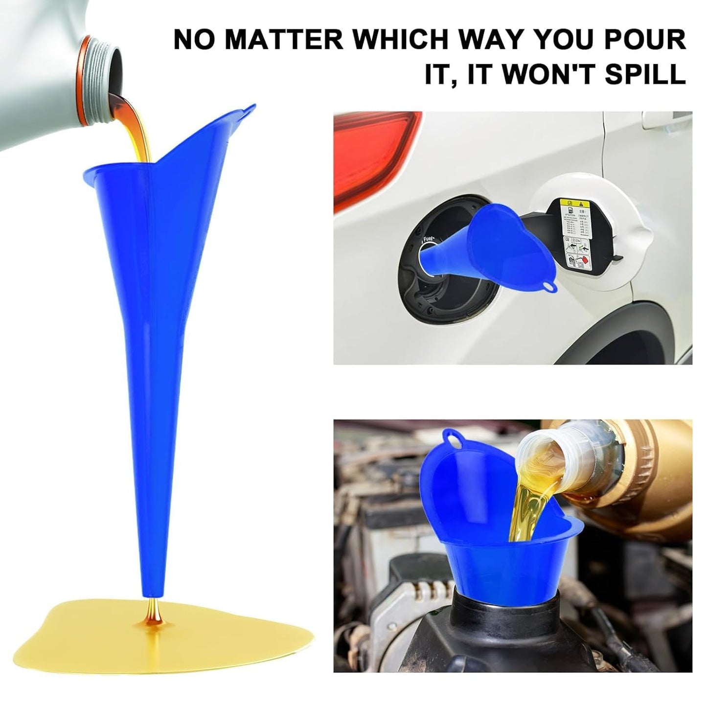 3-Pack Long-Neck Oil Funnels, 11" Multi-Purpose Funnels for Automotive & Motorcycle Use – Reusable Funnel for Oil, Gas & Transmission Fluid (Orange&Blue&Black)