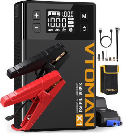VTOMAN X1 Jump Starter with Air Compressor, Car Battery Jumper Starter (Up to 8.5L Gas/6L Diesel Engine) with 150PSI Auto Tire Inflator, 12V Portable Booster Pack, Lithium Jump Box Charger-Black