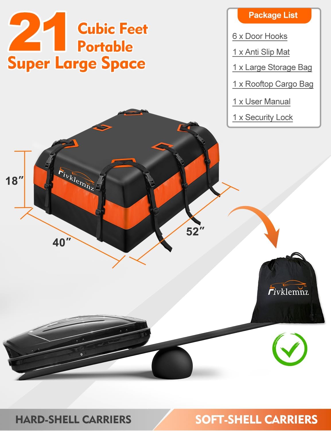 FIVKLEMNZ Rooftop Cargo Carrier - 21 Cubic Waterproof Roof Top Cargo Bag for All Cars SUVs with/Without Rack, Heavy Duty 840D Car Roof Bag with Anti-Slip Mat, 10 Reinforced Straps, 6 Door Hooks & Lock