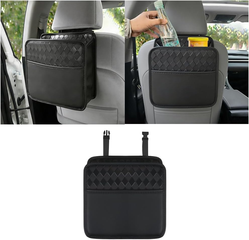 Mandark Car Seat Back Organizer, PU Leather Vehicle Backseat Hanging Storage Pocket, Multipurpose Auto Travel Essentials Accessories for Kids & Adults, Universal for Most Cars (Black)