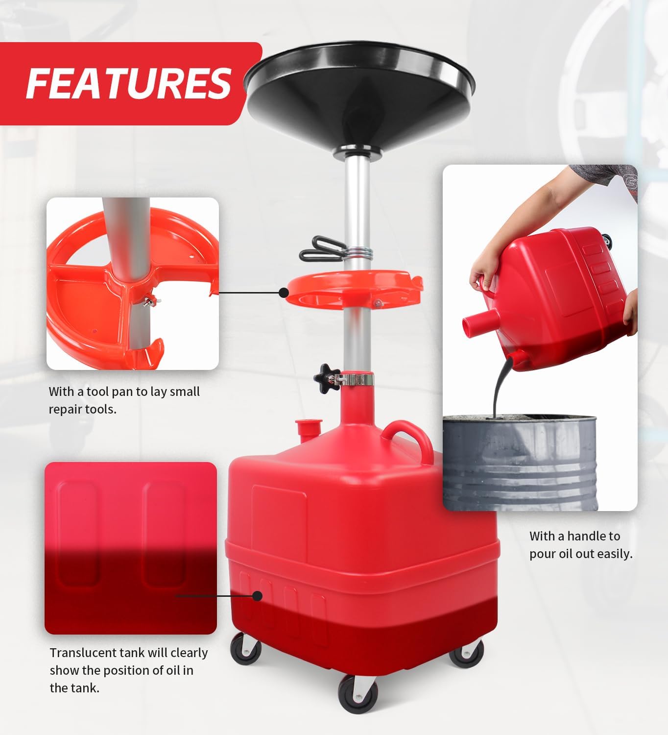 MaxWorks 50964 9-Gallon Portable Waste Oil Drain, Industrial Fluid Drain Square Tank with Wheels and Adjustable Funnel Height. Red.