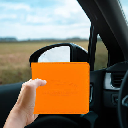 Car Registration and Insurance Holder, Premium Pu Leather Vehicle Glove Box Organizer - for Driver License, Cards & Essential Documents (L-Orange)