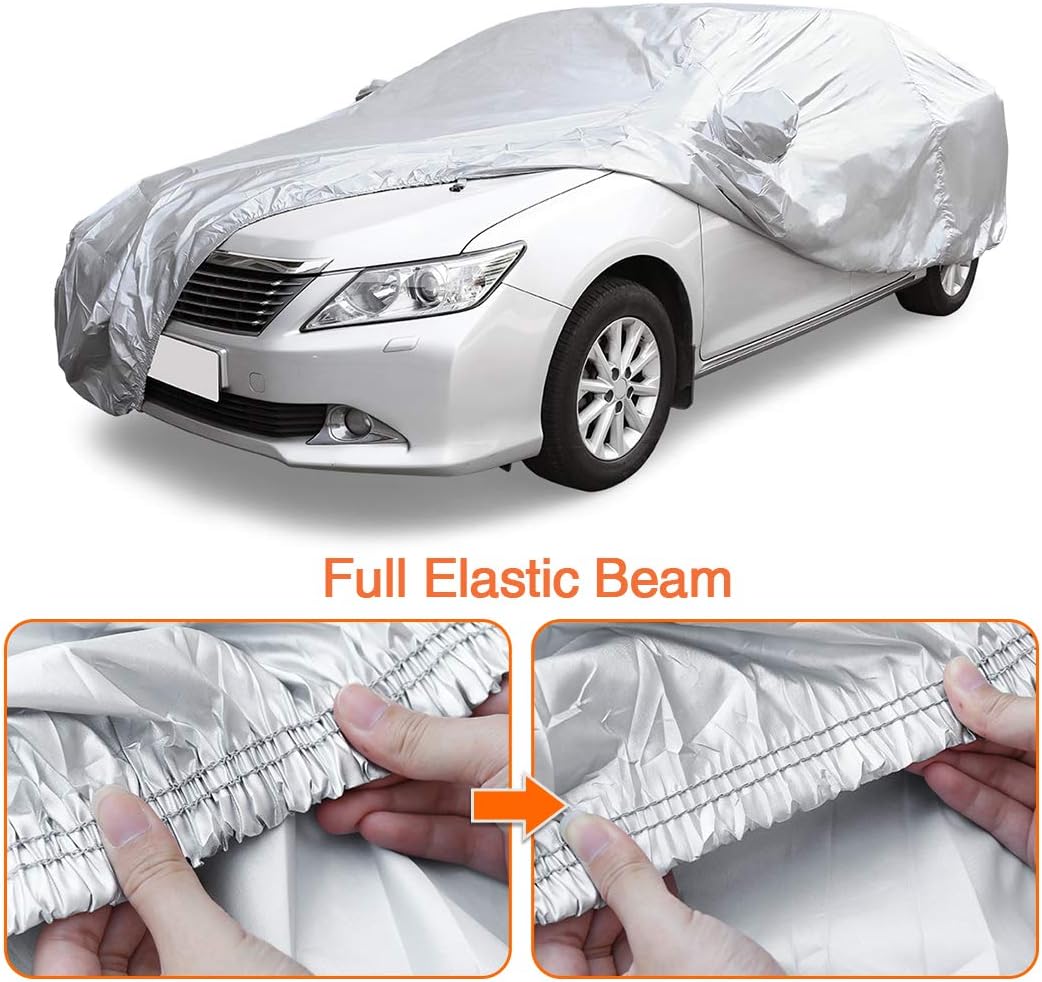 uxcell 3XXL Silver Tone 190T Car Cover Outdoor Weather Waterproof Scratch Rain Snow Heat Resistant W Mirror Pocket 530 x 185 x 160cm