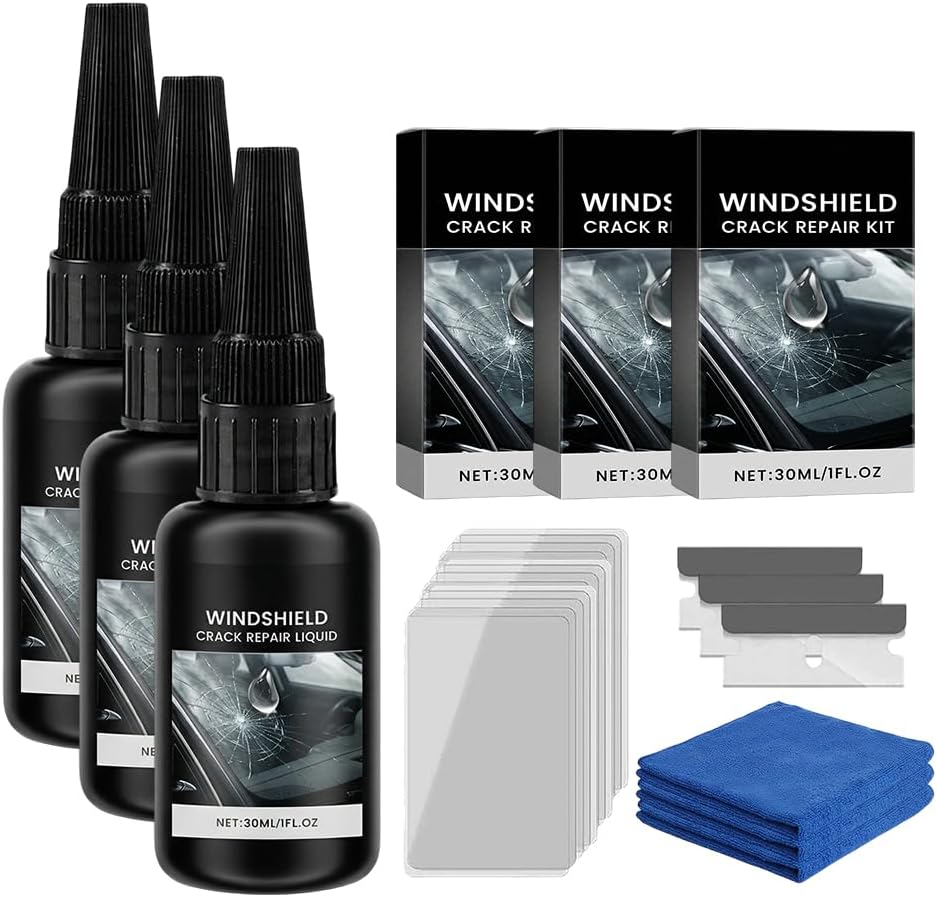 Windshield Crack Repair Kit, 2026 New Advanced Formula Quick Fix with 30ml Glass Repair Liquid 1 Towel 1 Blade 5 Curing Films, Universal Cracks Gone Glass Repair Kit (1 * Black)