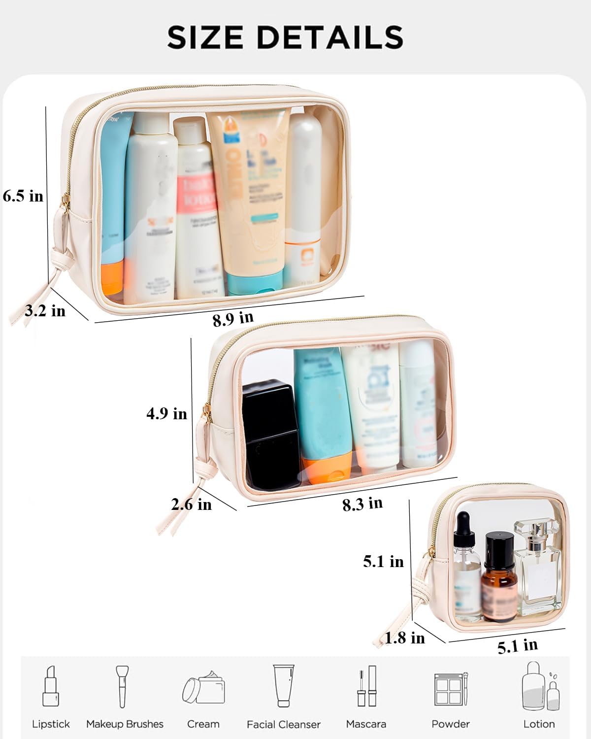 3Pcs Travel Clear Makeup Bag Set for Women, Transparent Toiletry Bag with Zipper Portable Makeup Pouch Organizer Waterproof Small Cosmetic Bag Compact Car Bag Organizer Car Accessories (White Set)