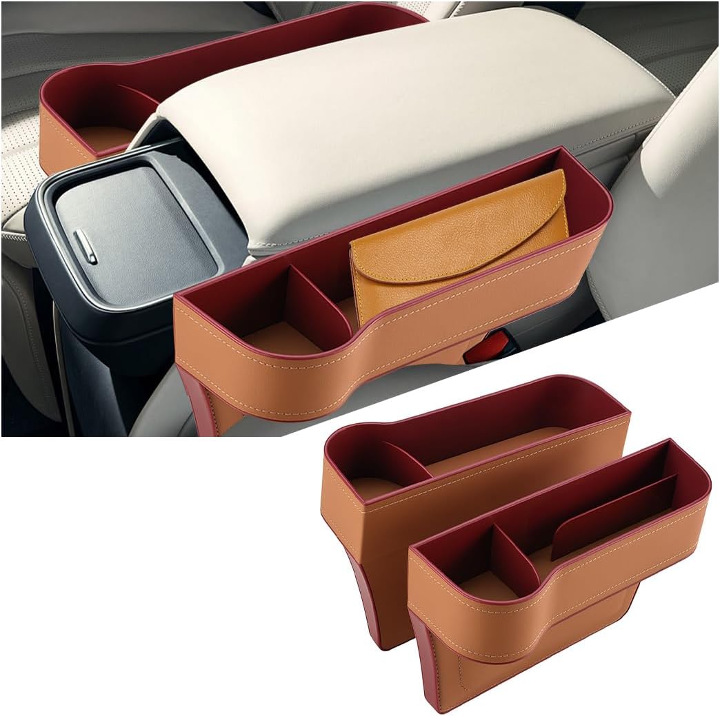 2PCS Car Seat Gap Filler Organizer, Leather Multi-Functional Vehicle Console Gap Pocket Organizer with Cup Holder, Automotive Seat Crevice Filler Storage Box, Universal for Vehicles (Black)