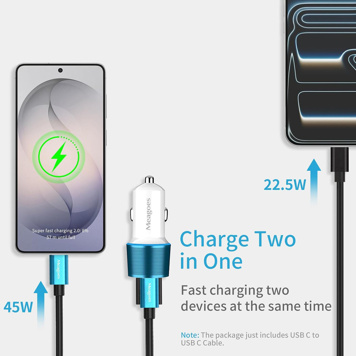 67.5W Car Charger USB C Super Fast Charging, 45W USBC & QC3.0 Port Plug for iPhone 17 Pro Max/Air/16/15/iPad, Samsung S26/S25 Android Cell Phone, Dual 12V Cigarette Lighter Adapter+ 3.3ft Type C Cable