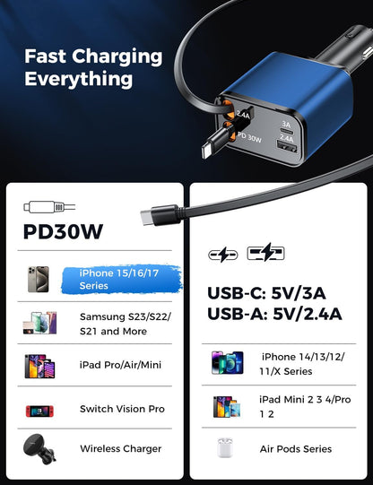 Retractable Car Charger, SUPERONE 99W Car Phone Charger with Cables Fast Charging, USB C Car Charger Adapter for iPhone 17 16 15 14 13 12, Samsung, Black