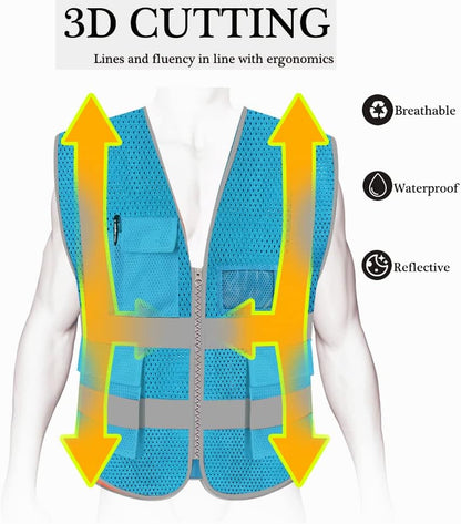 HYCOPROT High Visibility Mesh Safety Reflective Vest with Pockets and Zipper, Meets ANSI/ISEA Standards