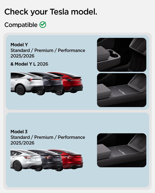 Spigen Center Console Organizer for Tesla Model Y Juniper (Only Premium & Performance 2026) and Model 3 Highland (Standard, Premium & Performance 2024/25/26) with Smooth Slide Technology - [Sliding]