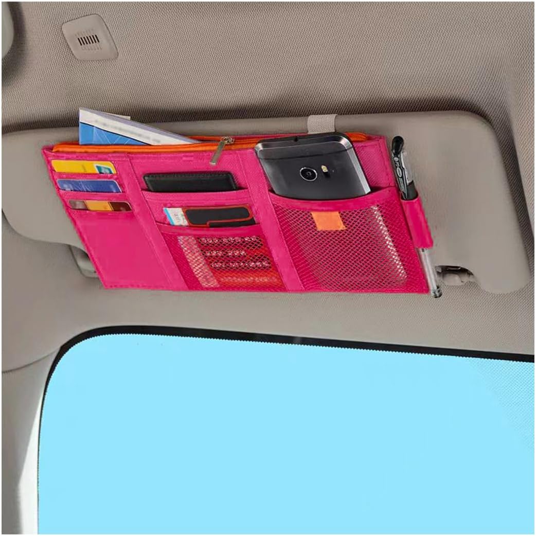 Car Sun Visor Organizer, Auto Interior Visor Storage Pouch Holder with Zipper, Multi-Pocket Net Personal Belonging Organizer, Universal Car Accessory for Cards, Documents (Black)