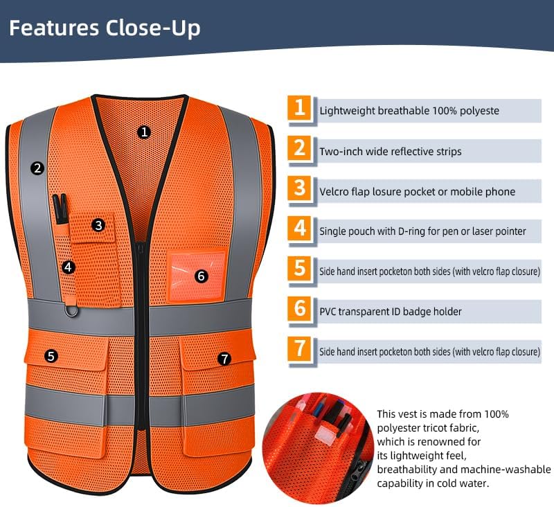 Reflective Safety Vest for Women Men High Visibility Security With Pocket Zipper Front Meet ANSI/ISEA Standard