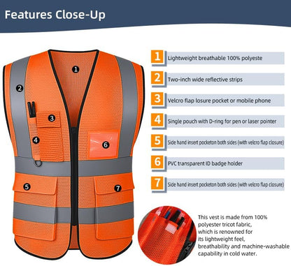 Reflective Safety Vest for Women Men High Visibility Security With Pocket Zipper Front Meet ANSI/ISEA Standard