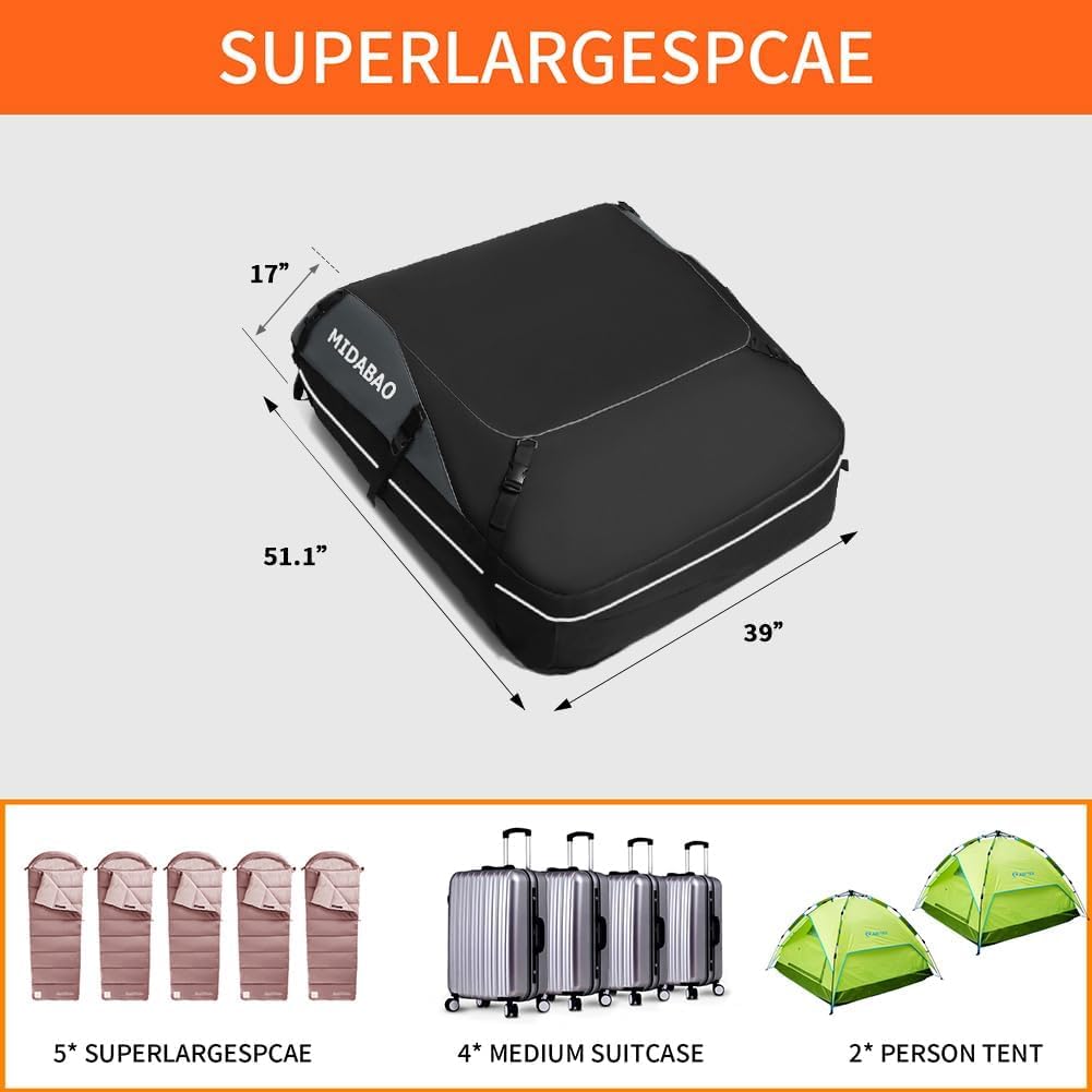 MIDABAO 20 Cubic Waterproof Duty Car Roof Top Carrier-Car Cargo Roof Top Bag, Waterproof & Coated Zippers includes Anti Slip Mat with or without Racks (20 Cubic Feet)