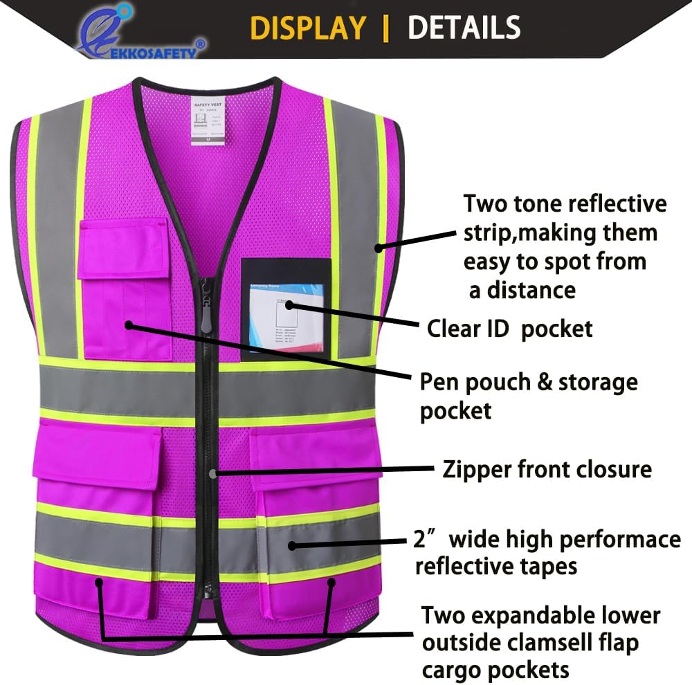 Reflective Mesh Safety Vest for Men Women with 5 Pockets and Zipper Front High Visibility Mesh Vest Hi Vis Construction Work Vest,Meets ANSI/ISEA Standards(EK175-Yellow-L)