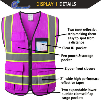 Reflective Mesh Safety Vest for Men Women with 5 Pockets and Zipper Front High Visibility Mesh Vest Hi Vis Construction Work Vest,Meets ANSI/ISEA Standards(EK175-Yellow-L)