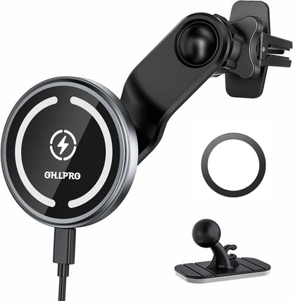 OHLPRO for MagSafe Car Mount Charger iPhone Wireless Car Charger, Stick on Dashboard Magnetic Phone Holder Mount for iPhone 17 Pro Max 16 15 14 Series, 15W Fast Charging, Aluminum Shell